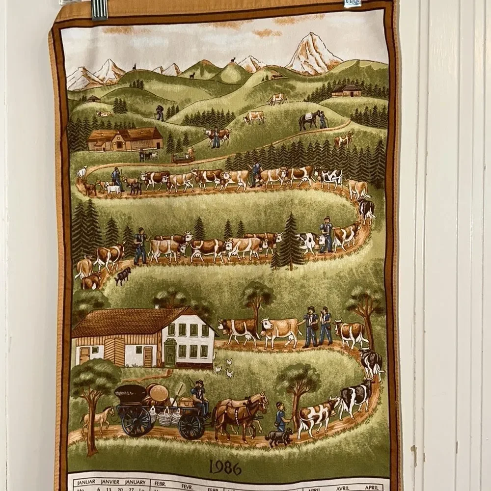Vintage 1986 Fisby-Stoffels calendar tea towel with European scene of‎ cows